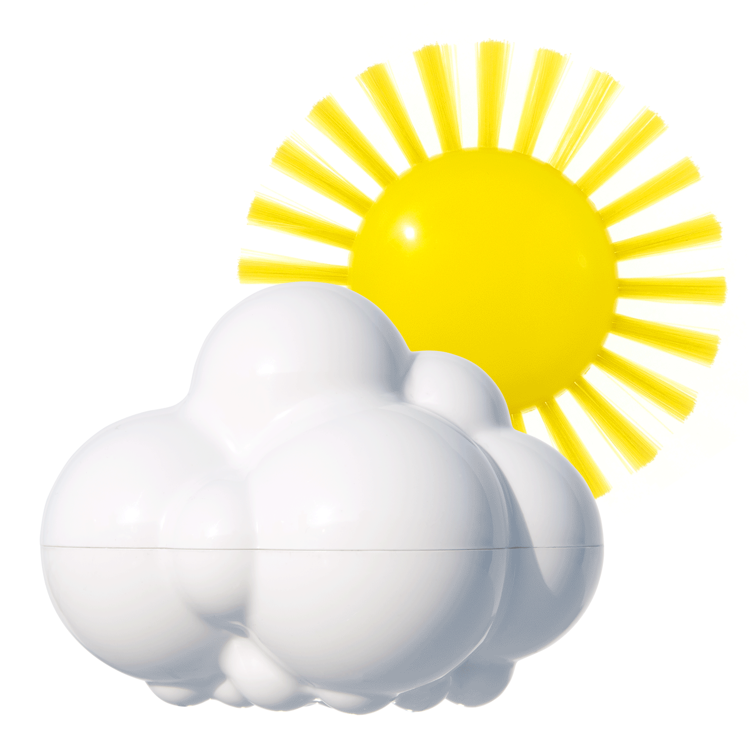 Pluï Weather Set by MOLUK with a white cloud and yellow sun-shaped brush, designed as sensory bath and water toys.