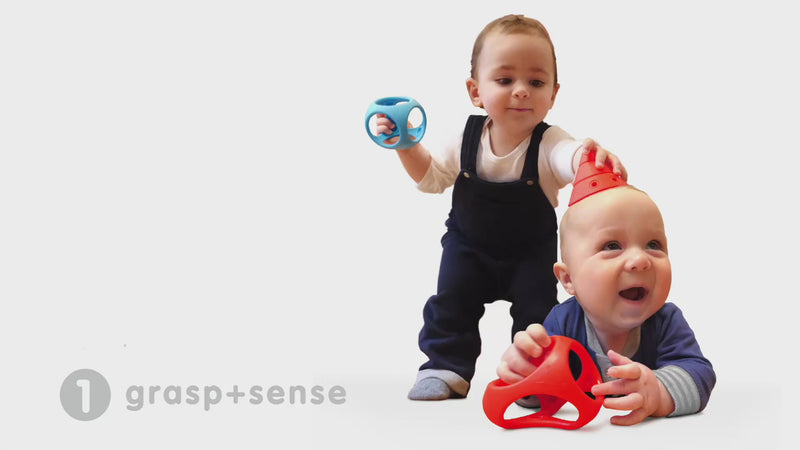 Animation showing the developmental benefits of the MOLUK BUILDING GENIUS: 1 grasp+sense, 2 stack+build, 3 imagine+invent.