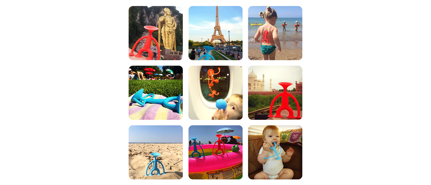 Animated collage of travel photos showing Oogi suction cup figures by MOLUK in playful scenes around the world — at the beach, on airplane windows, near landmarks like the Eiffel Tower and Taj Mahal, and with children on vacation.